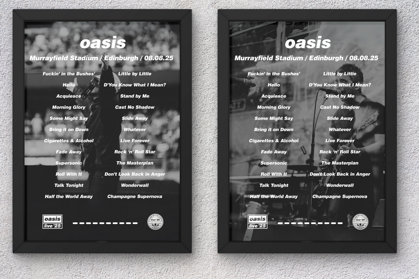 OASIS EDINBURGH LIVE 2025 SETLIST POSTER |ALL DATES| A1 - A5 w/Frame Option