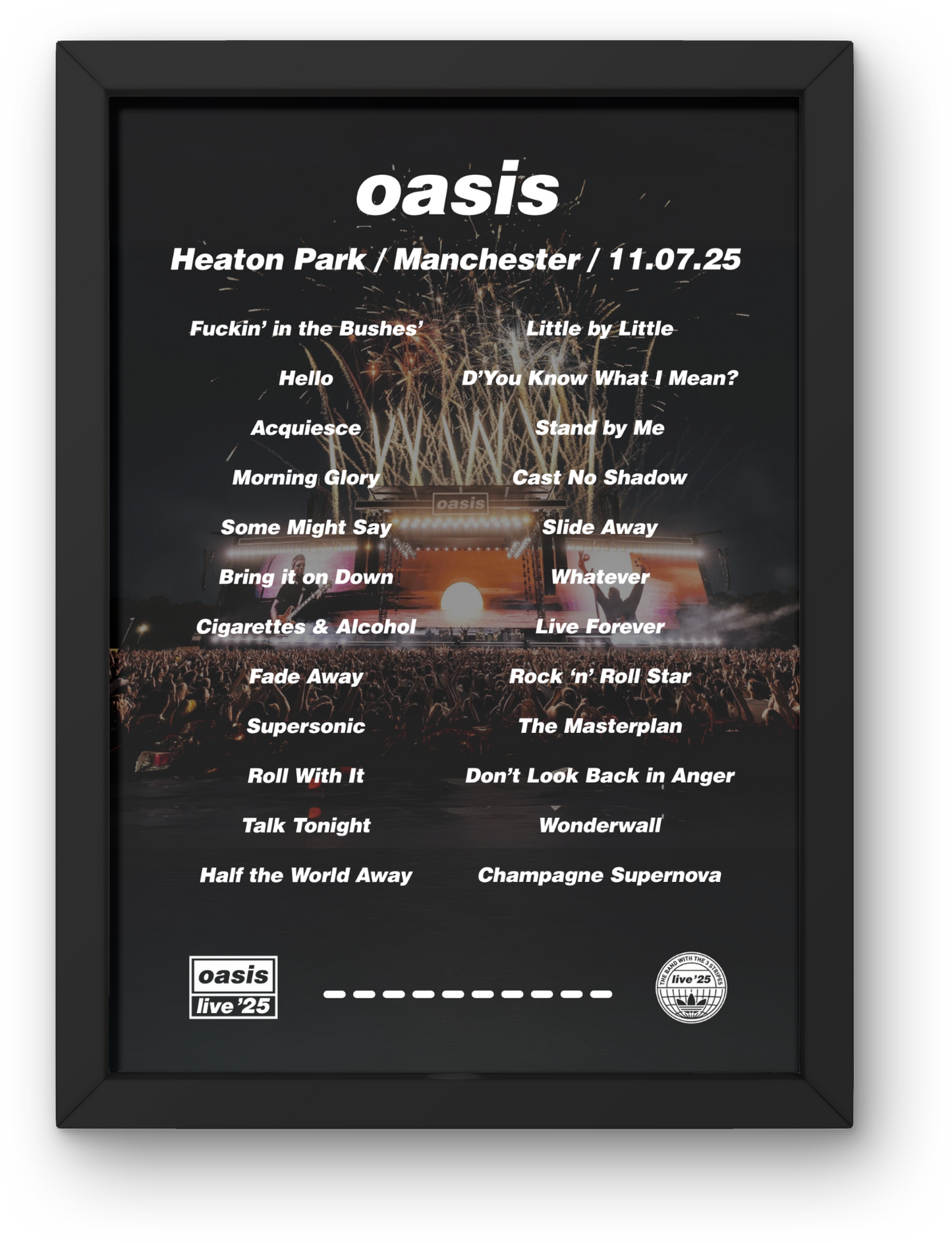 OASIS MANCHESTER LIVE 2025 SETLIST POSTER | A1 - A5 W/Frame Option