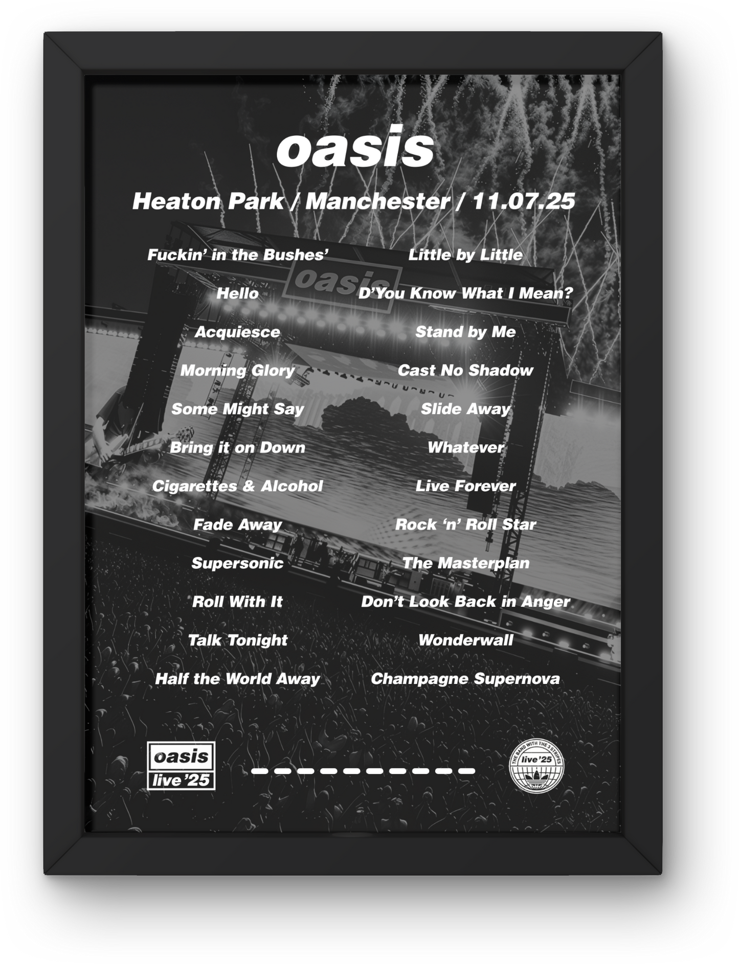 OASIS MANCHESTER LIVE 2025 SETLIST POSTER | A1 - A5 W/Frame Option