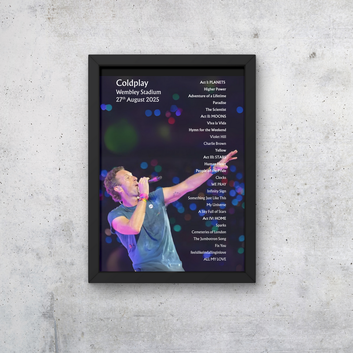 Coldplay Wembley 27/08/25 NIGHT FOUR Setlist Poster - A1 to A5 w/frame Option
