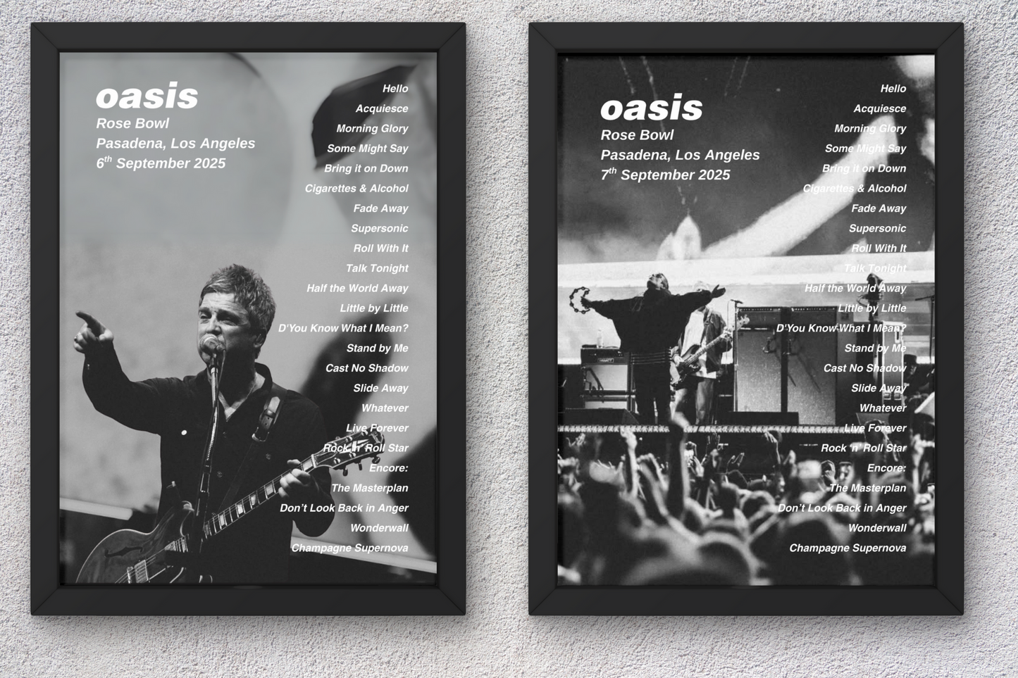 OASIS LOS ANGELES CA USA LIVE 2025 SETLIST POSTER | BOTH DATES | A1 - A5 w/Frame Option