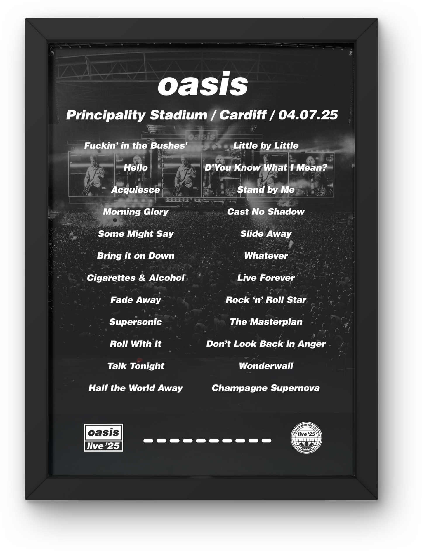 OASIS CARDIFF LIVE 2025 SETLIST POSTER | A1 - A5 W/Frame Option