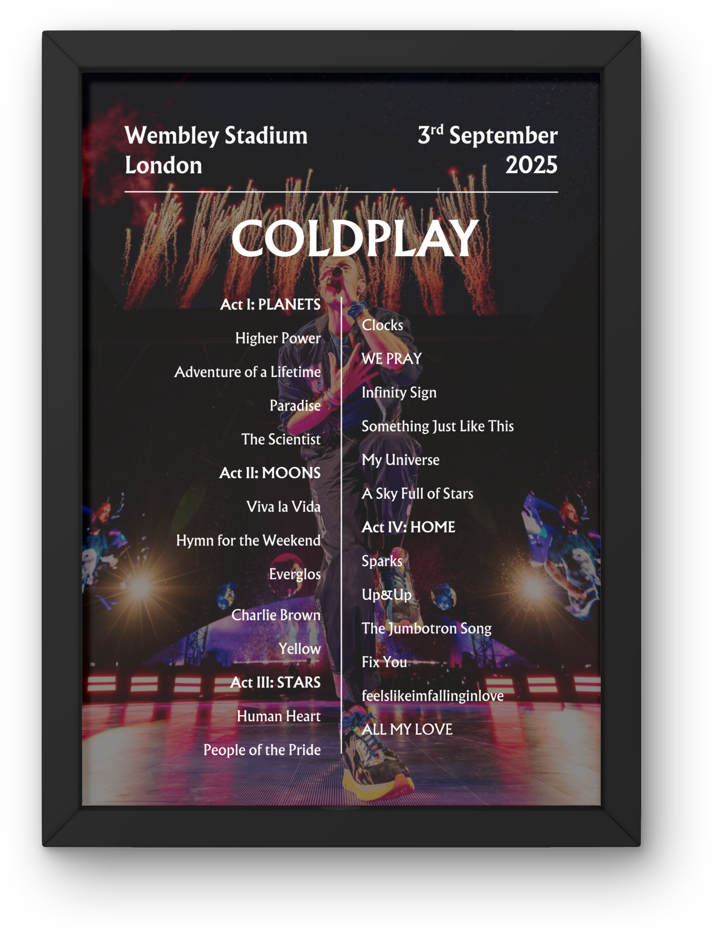 Coldplay 2025 WEMBLEY 3rd Sep NIGHT SEVEN Setlist Poster - A1 to A5 frame Option