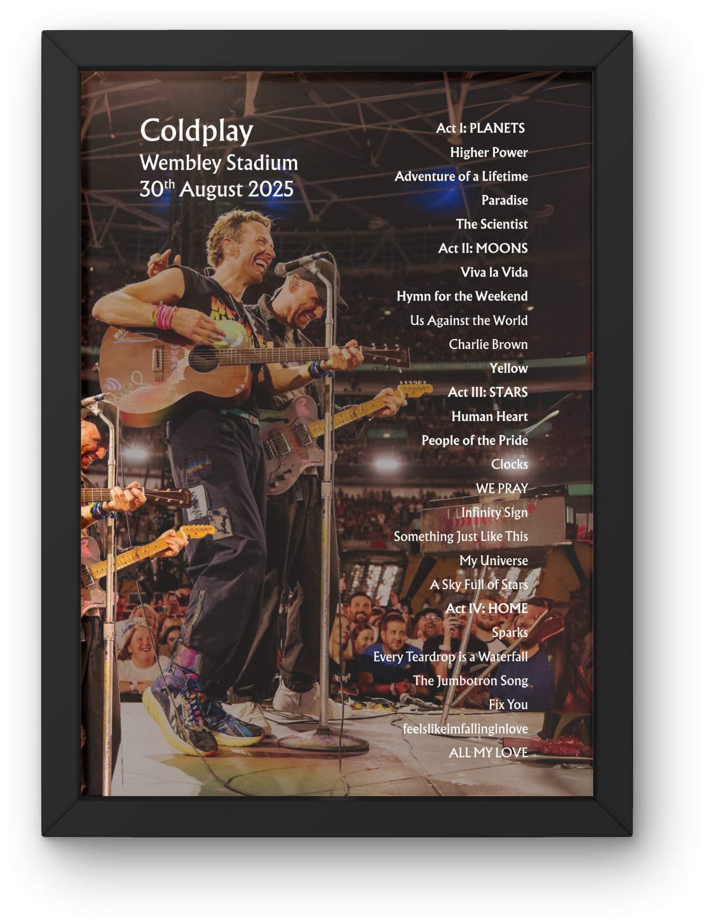 Coldplay 2025 WEMBLEY 30th Aug - NIGHT FIVE - Setlist Poster - A1 to A5 frame Option