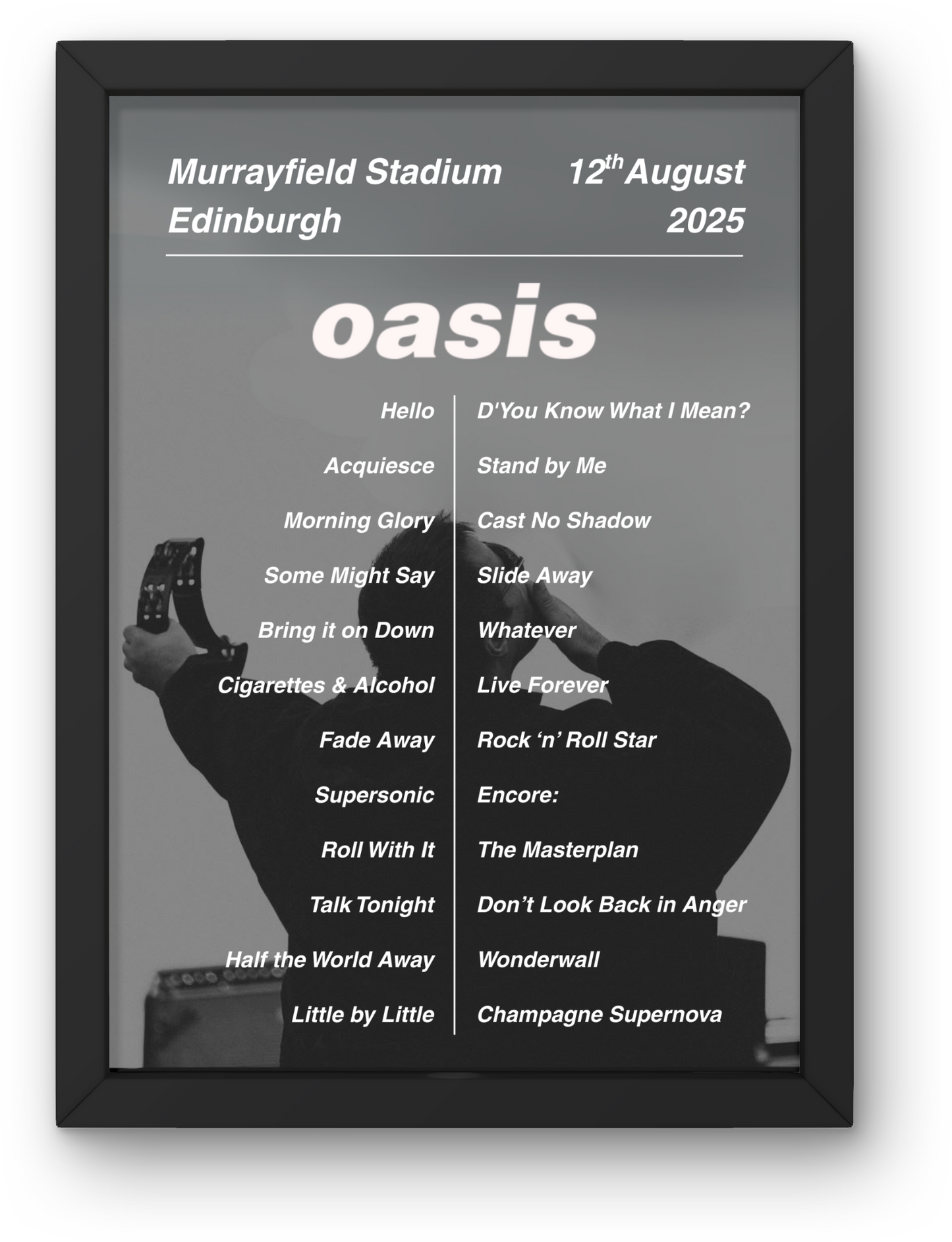 OASIS LIVE 2025 SETLIST POSTER | EDINBURGH | ALL DATES| A1 - A5 Frame Option