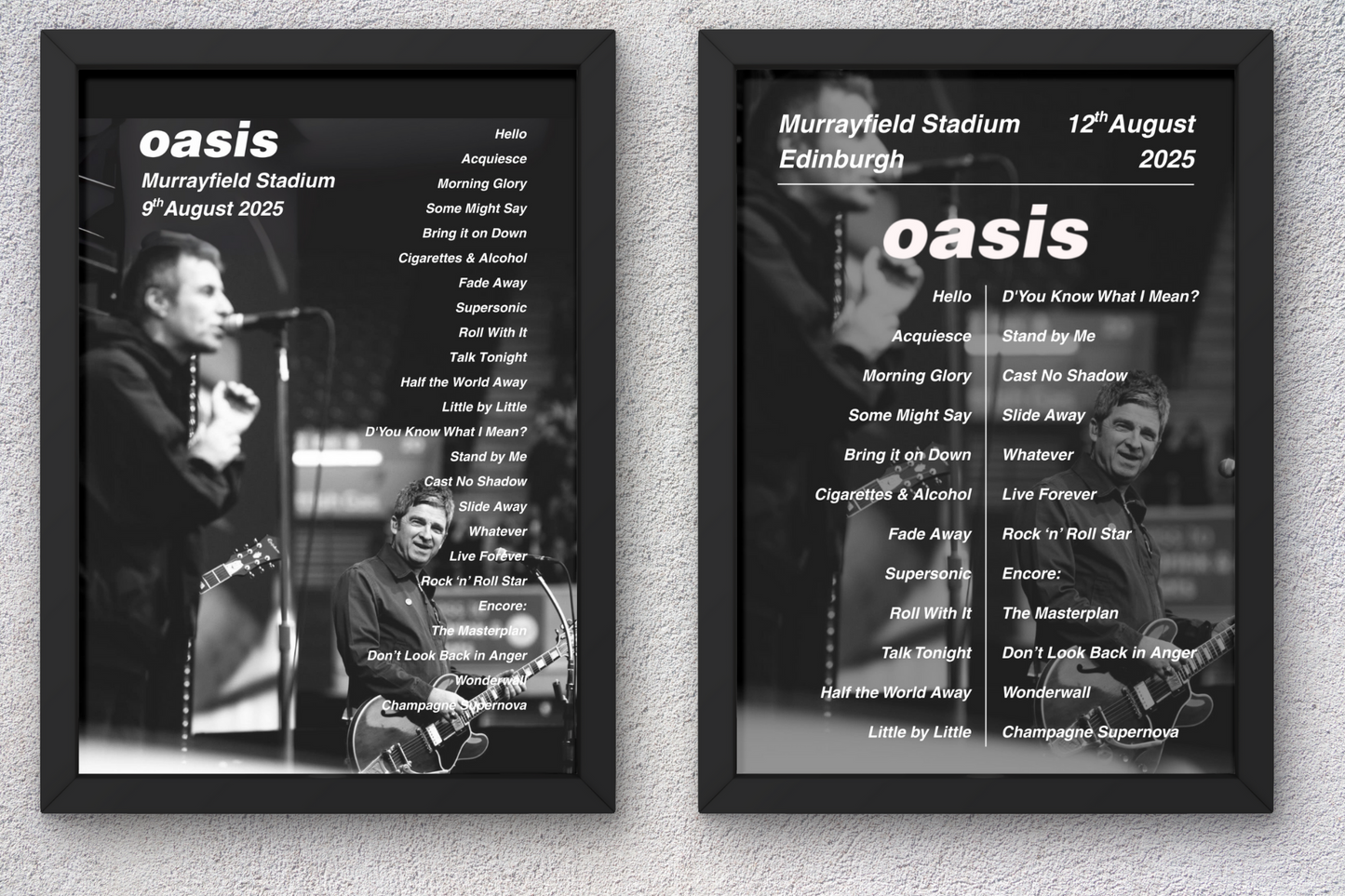 OASIS LIVE 2025 SETLIST POSTER | EDINBURGH | ALL DATES| A1 to A5 Frame Option