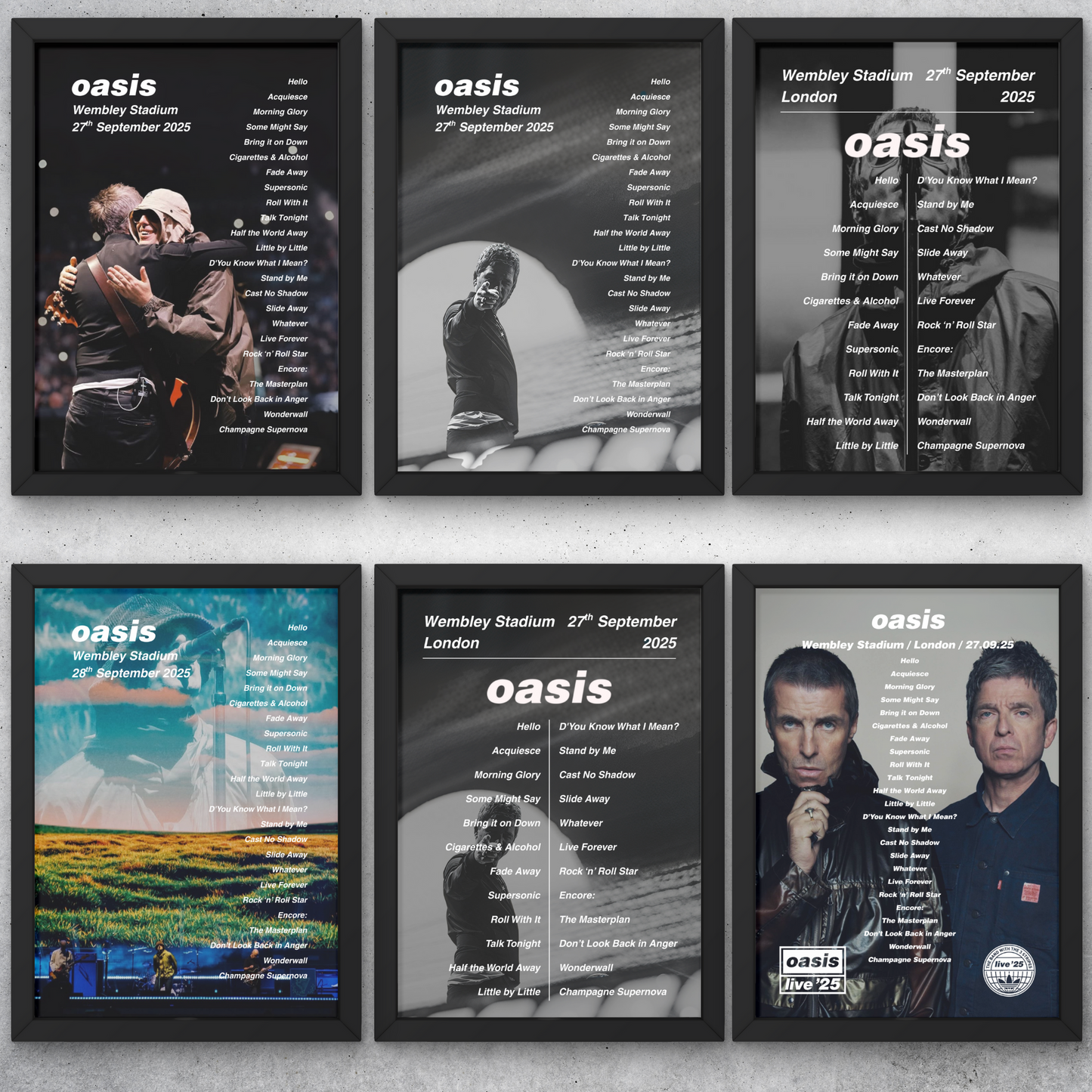 OASIS WEMBLEY NIGHT 6+7 2025 SETLIST POSTER | 27+28 SEPT | A1 - A5 w/Frame Option