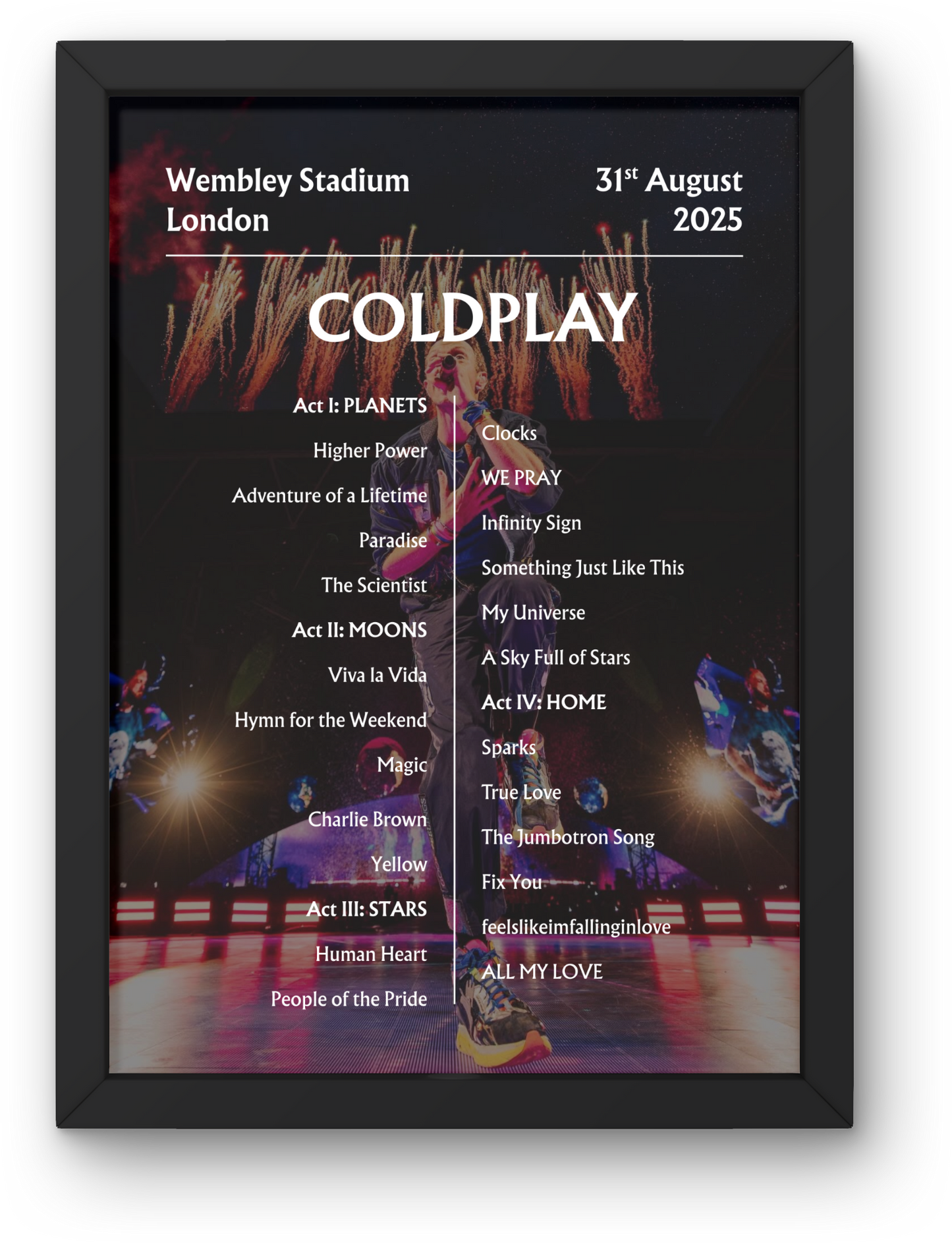 Coldplay 2025 WEMBLEY 31st Aug NIGHT SIX - Setlist Poster - A1 to A5 frame Option