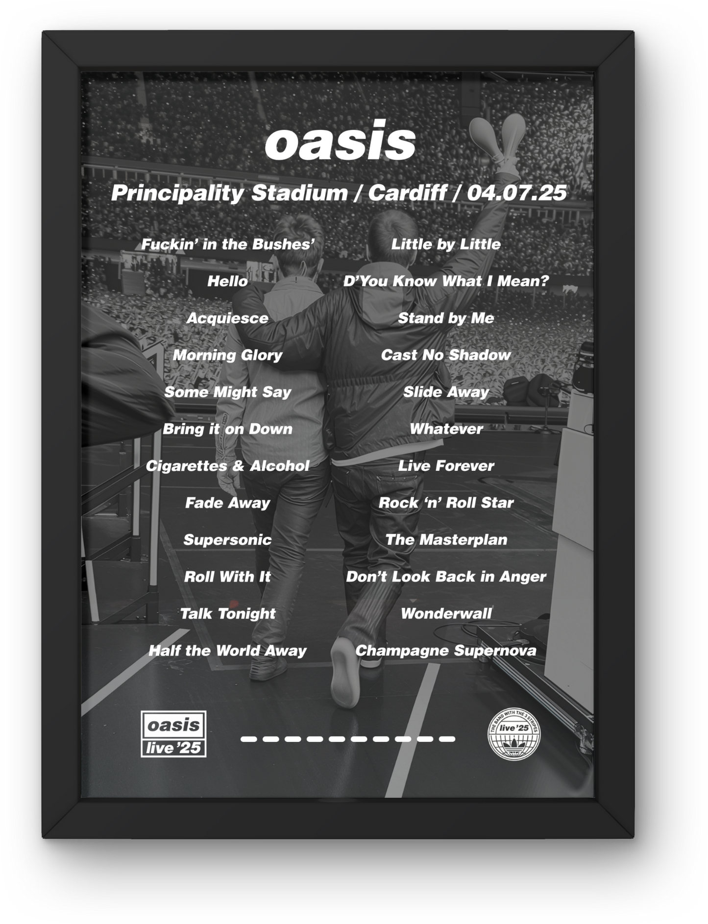 OASIS CARDIFF LIVE 2025 SETLIST POSTER | A1 - A5 W/Frame Option