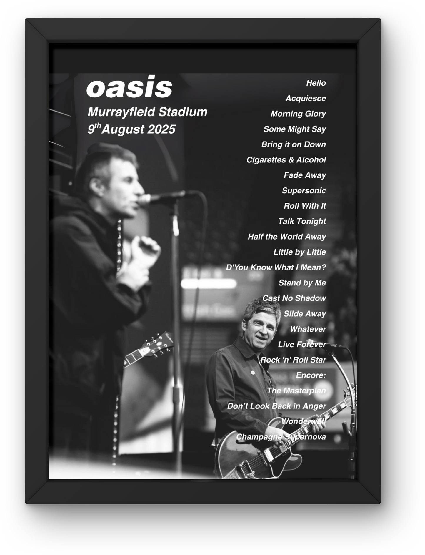 OASIS LIVE 2025 SETLIST POSTER | EDINBURGH | ALL DATES| A1 to A5 Frame Option