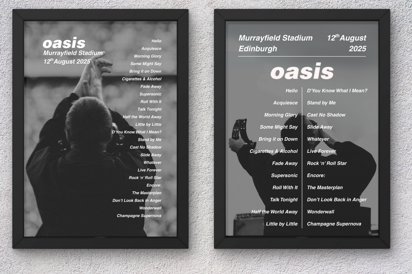OASIS LIVE 2025 SETLIST POSTER | EDINBURGH | ALL DATES| A1 - A5 Frame Option