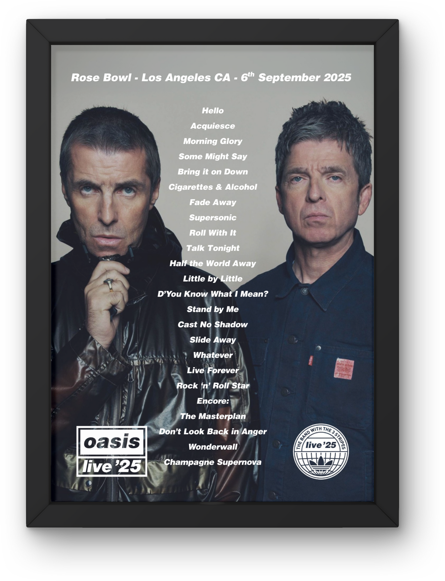 OASIS CANADA USA LIVE 2025 SETLIST POSTER | ALL DATES | A1 - A5 w/Frame Option
