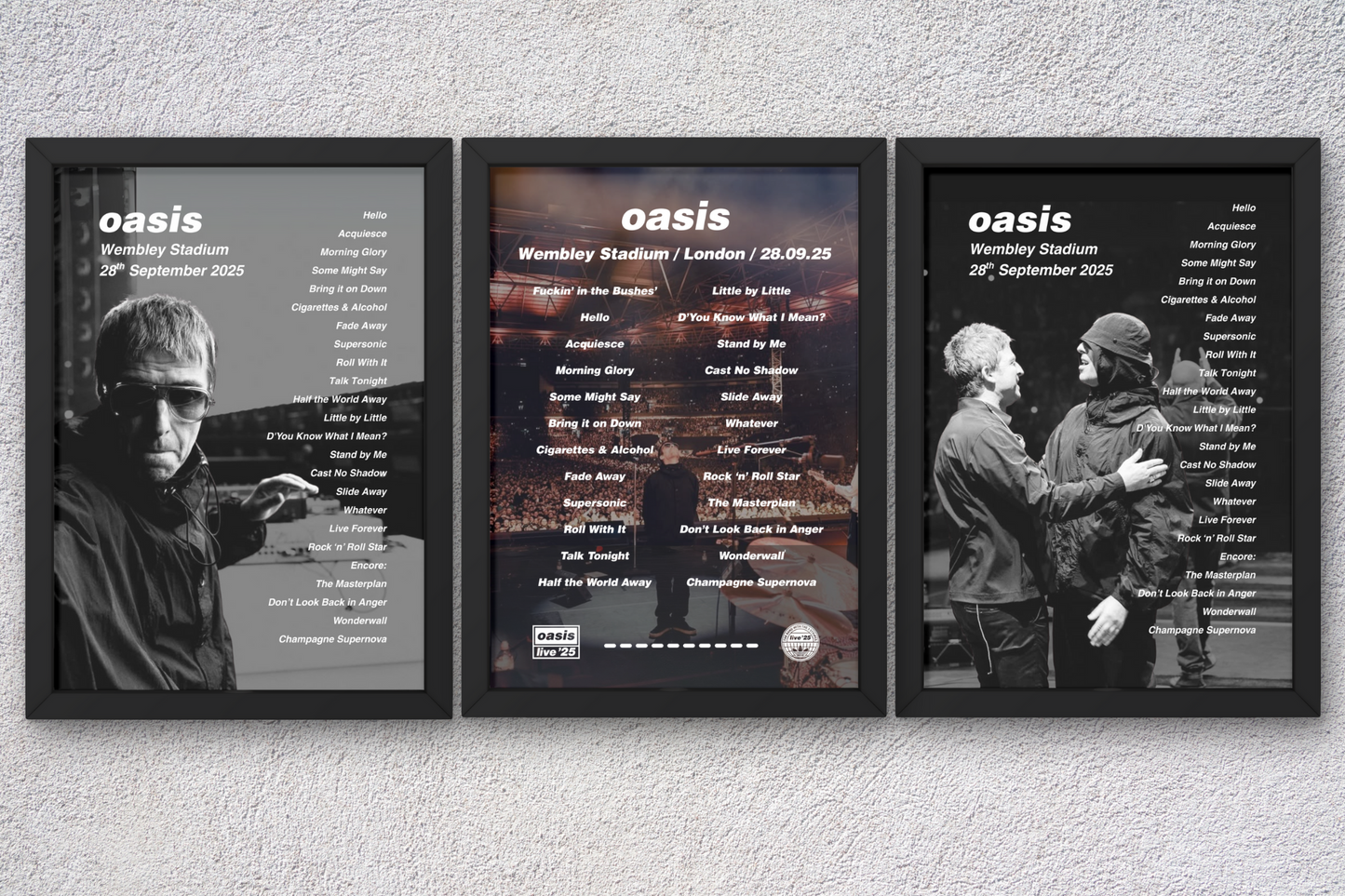 OASIS WEMBLEY NIGHT 6+7 27+28th SEP 2025 SETLIST POSTER |BOTH DATES| A1 - A5 w/Frame Option