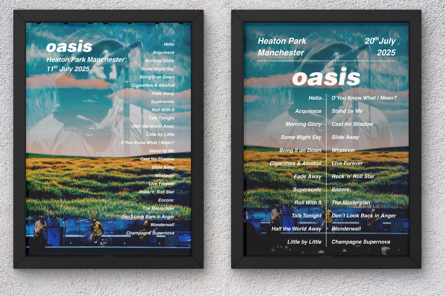 OASIS EDINBURGH LIVE 2025 SETLIST POSTER | ALL DATES | A1 - A5 w/Frame Option