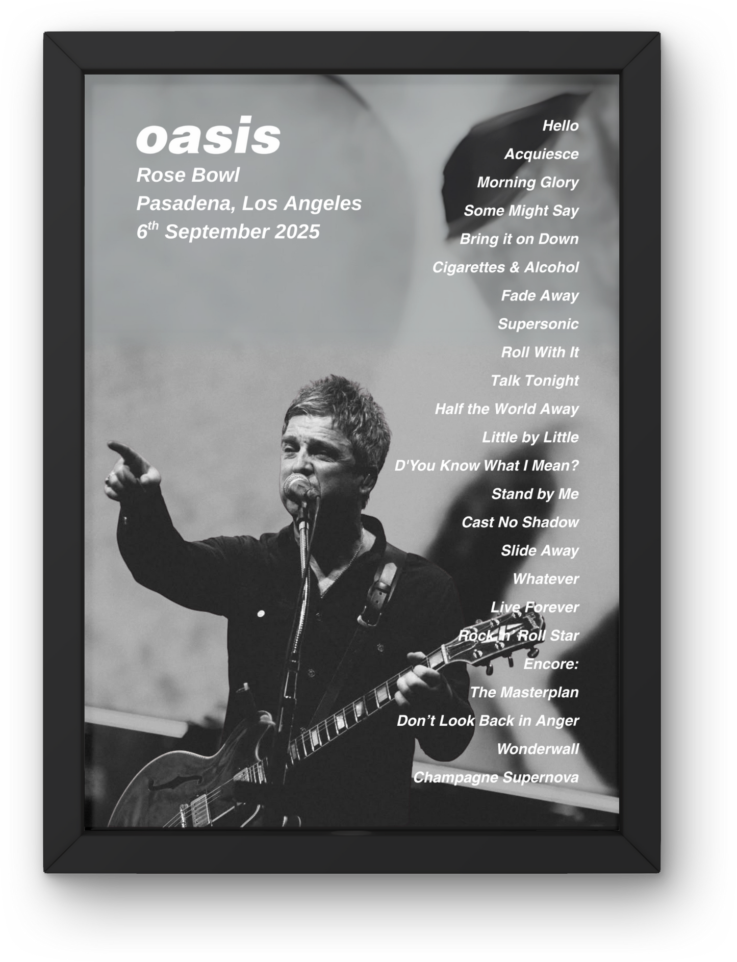 OASIS LOS ANGELES CA USA LIVE 2025 SETLIST POSTER | BOTH DATES | A1 - A5 w/Frame Option