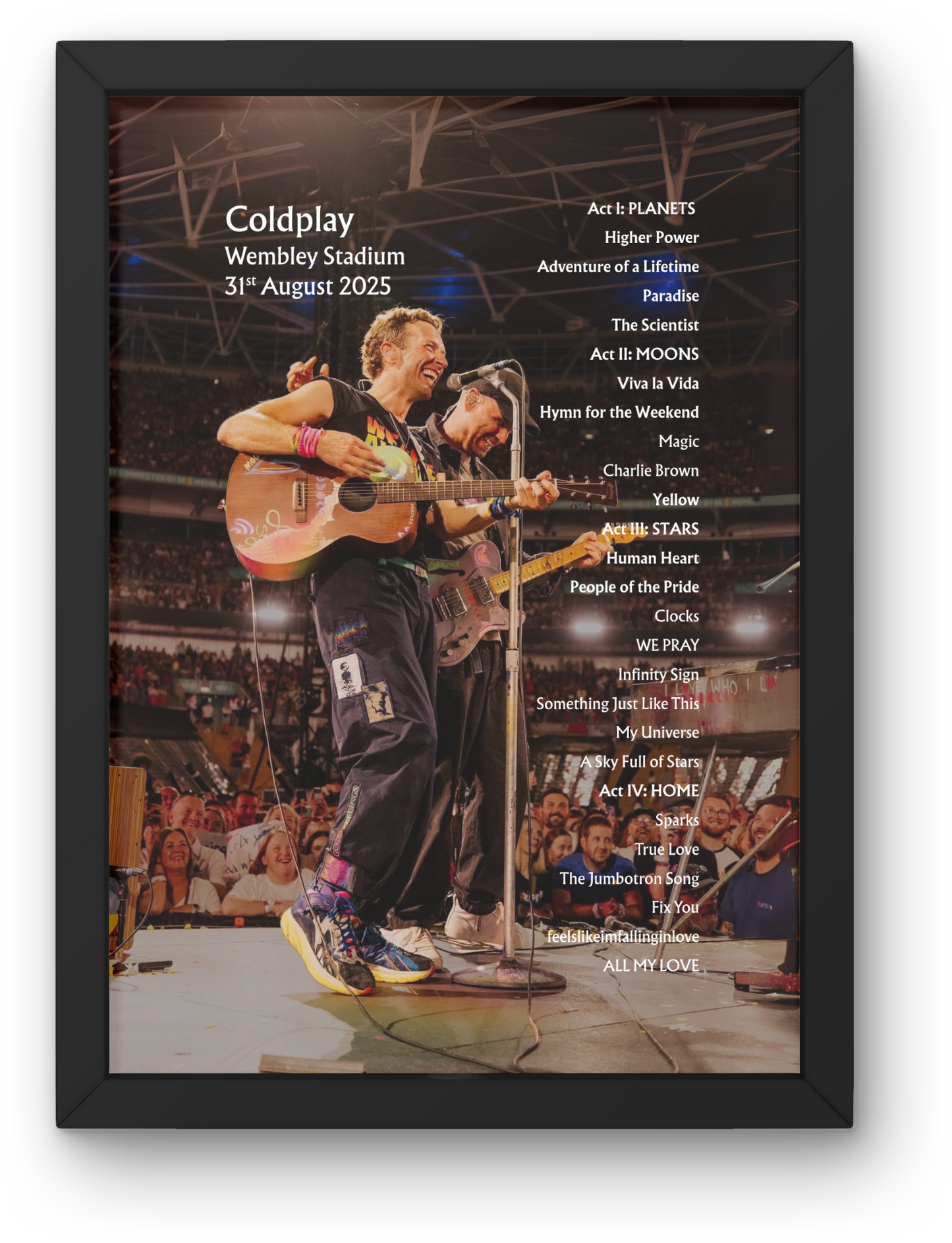 Coldplay 2025 WEMBLEY 31st Aug NIGHT SIX - Setlist Poster - A1 to A5 frame Option