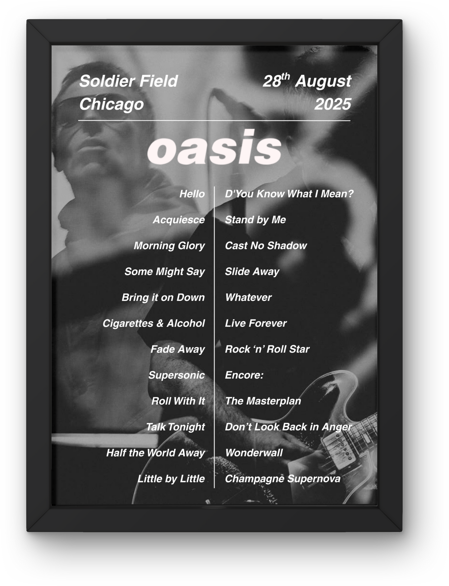 OASIS CHICAGO LIVE 2025 SETLIST POSTER | A1 - A5 w/Frame Option