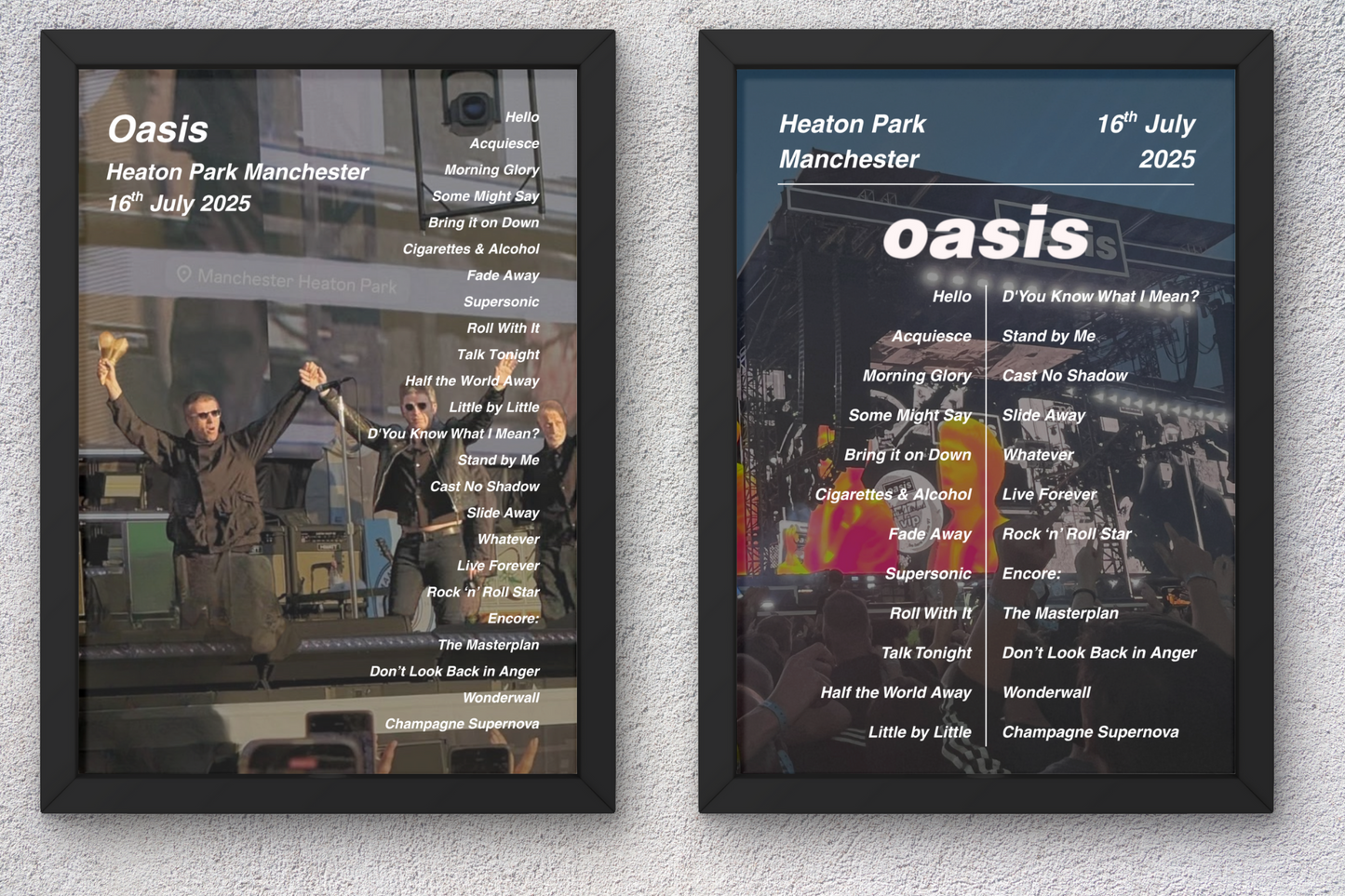 OASIS LIVE 2025 SETLIST POSTER | 16th JULY MANCHESTER HEATON PARK | A1 - A5 Frame Option