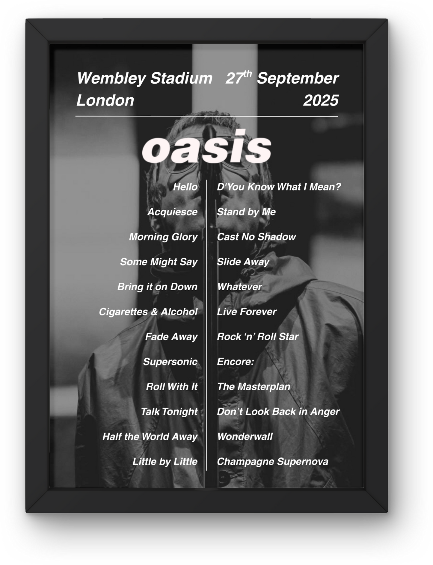 OASIS WEMBLEY 27TH SEP 2025 SETLIST POSTER| A1 - A5 w/Frame Option