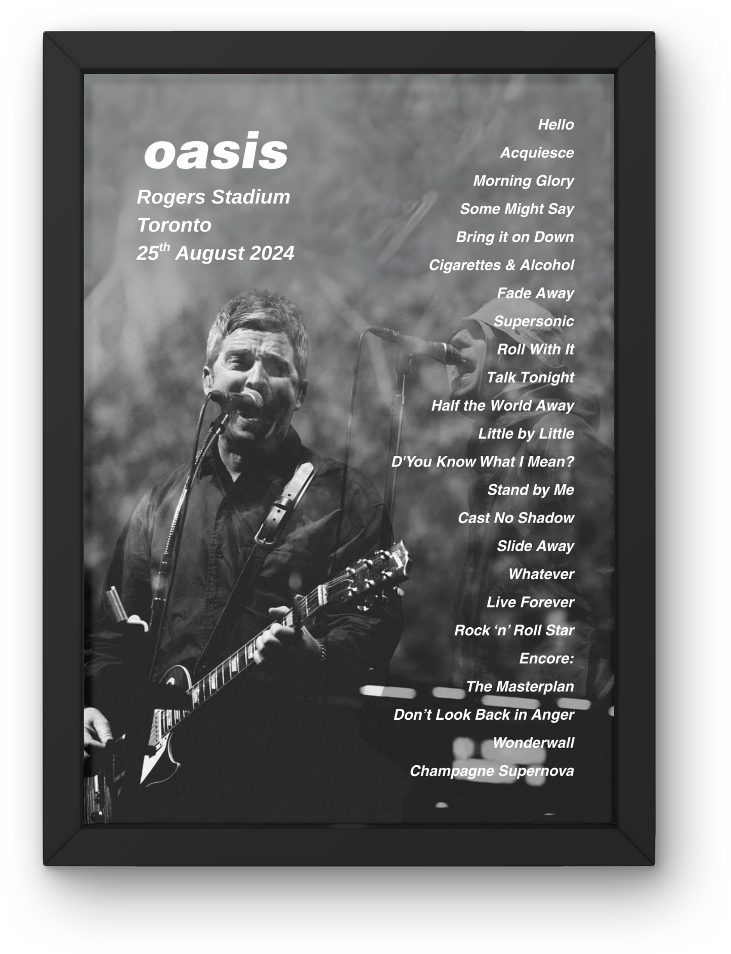 OASIS TORONTO LIVE 2025 SETLIST POSTER | BOTH DATES | A1 - A5 w/Frame Option