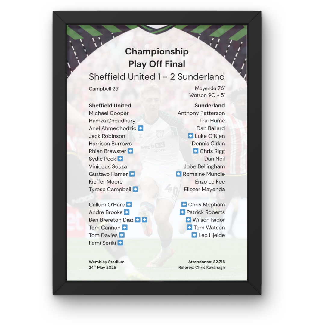 Sunderland Play Off Final Winners 2025 Poster - A1 to A5 - Frame Option