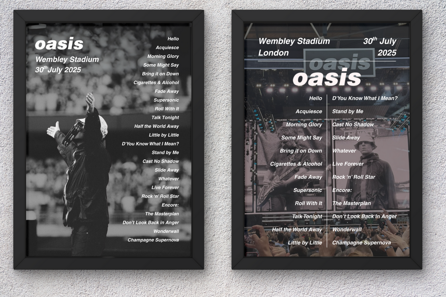 OASIS WEMBLEY LIVE 2025 SETLIST POSTER | ALL DATES | A1 - A5 Frame Option