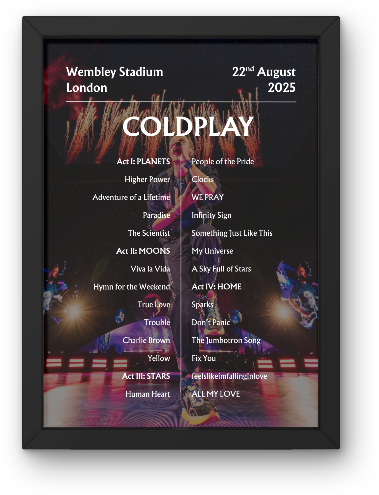 Coldplay 2025 WEMBLEY 22nd Aug NIGHT ONE Setlist Poster - A1 to A5 frame Option