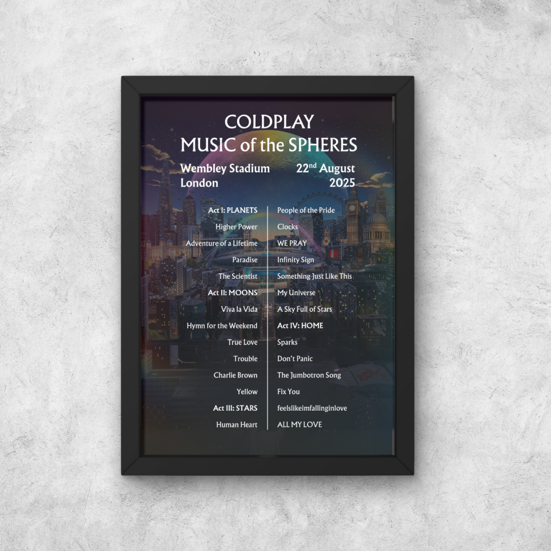Coldplay Wembley Setlist Poster - ALL DATES - A1 to A5 w/frame option