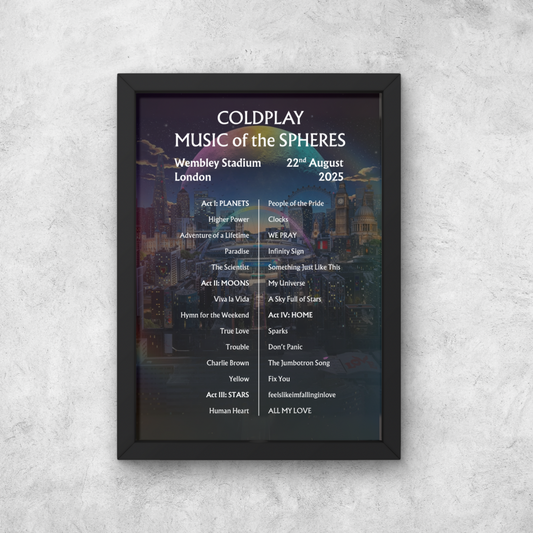 Coldplay Wembley Setlist Poster - ALL DATES - A1 to A5 w/frame option