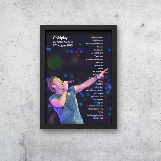 Coldplay Wembley 27/08/25 NIGHT FOUR Setlist Poster - A1 to A5 w/frame Option