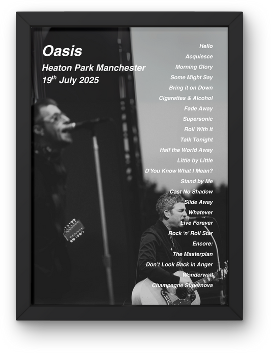 OASIS 2025 SETLIST POSTER | 19/20th JULY MANCHESTER HEATON PARK | A1 - A5 Frame Option