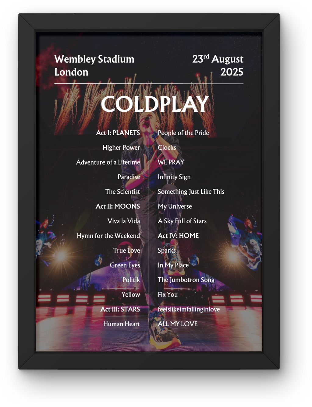 Coldplay 2025 WEMBLEY 23rd Aug NIGHT TWO Setlist Poster - A1 to A5 frame Option