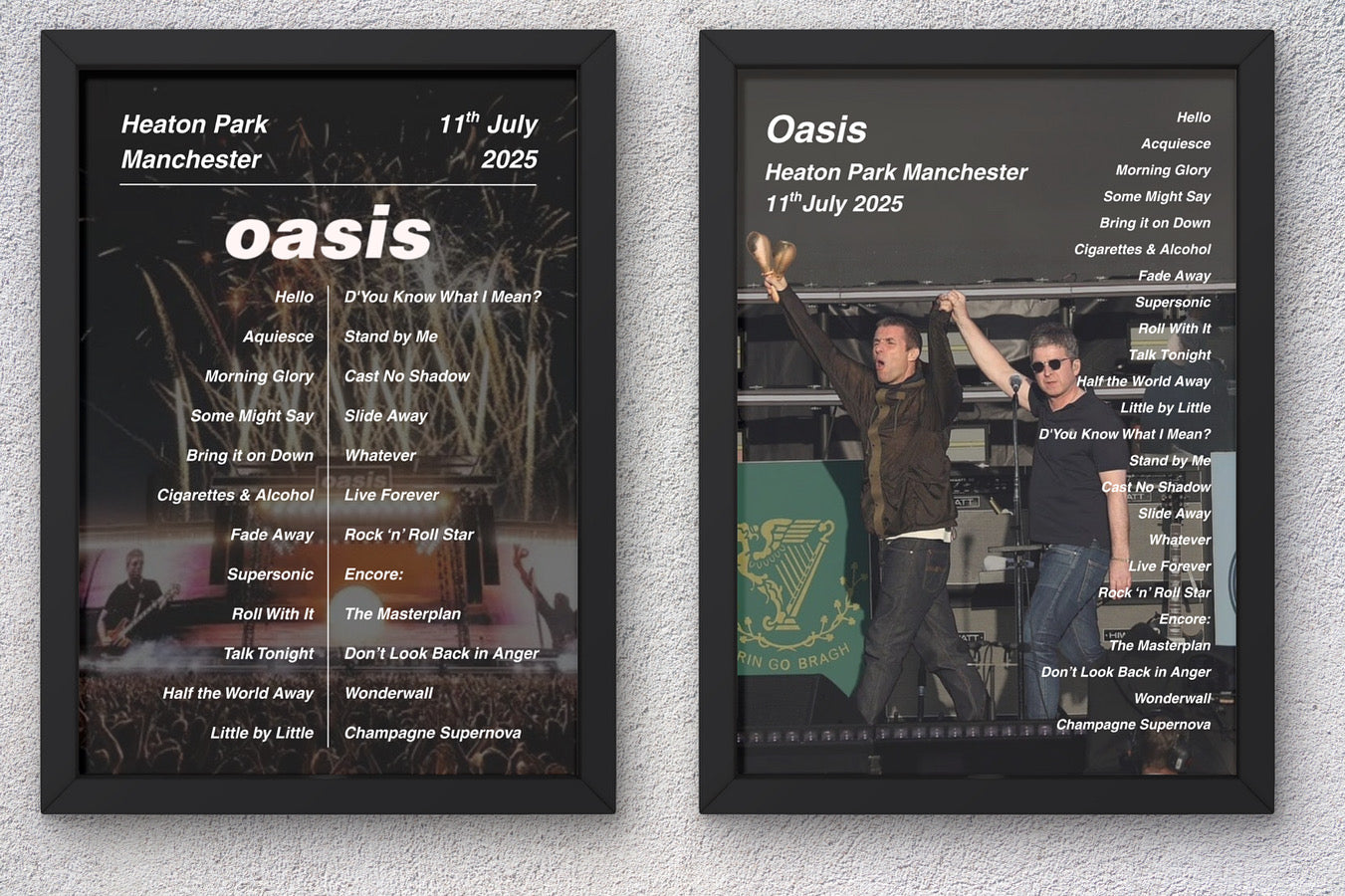 OASIS LIVE 2025 SETLIST POSTER | 11th 12th JULY MANCHESTER HEATON PARK | A1 - A5 Frame Option