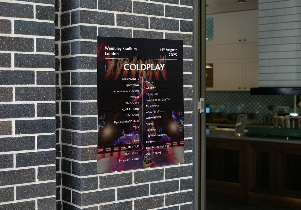 Coldplay 2025 WEMBLEY 31st Aug NIGHT SIX - Setlist Poster - A1 to A5 frame Option