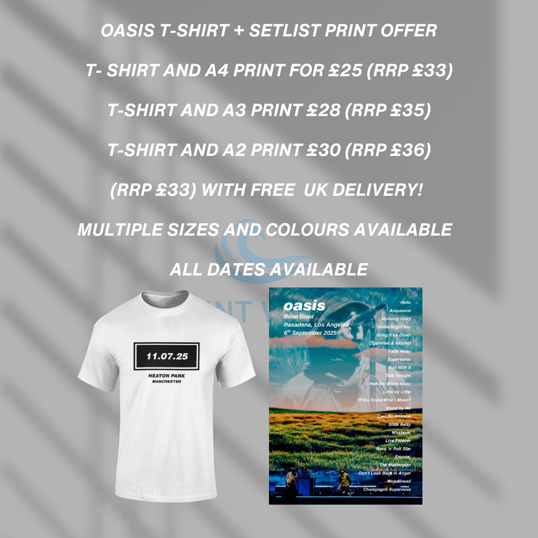 Oasis Live 25 T-Shirt & A3 Setlist Print Combo Deal