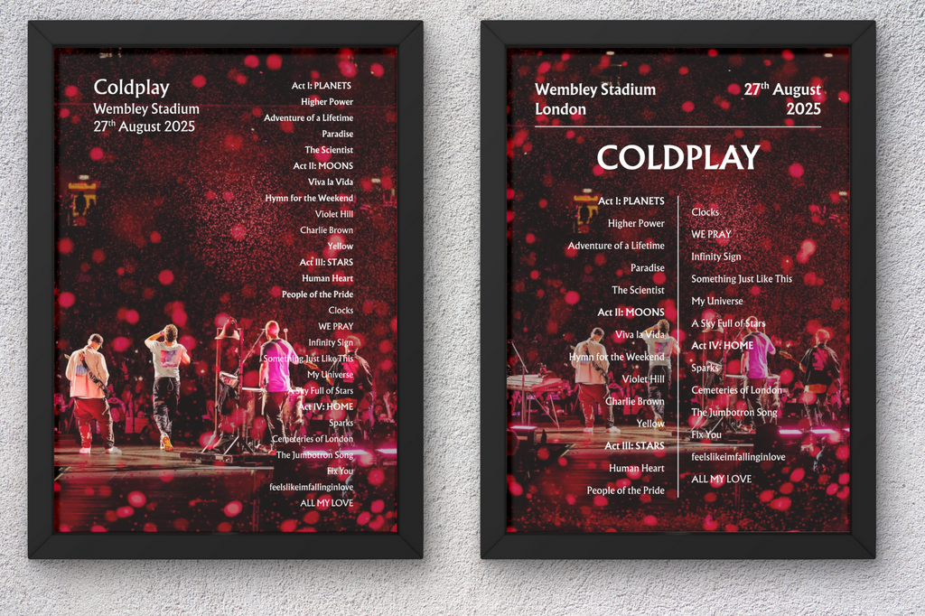 Coldplay 2025 WEMBLEY Setlist Poster - NIGHT 1+2+3+4 - A1 to A5 frame Option