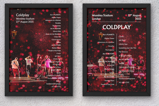 Coldplay 2025 WEMBLEY Setlist Poster - NIGHT 1+2+3+4 - A1 to A5 frame Option