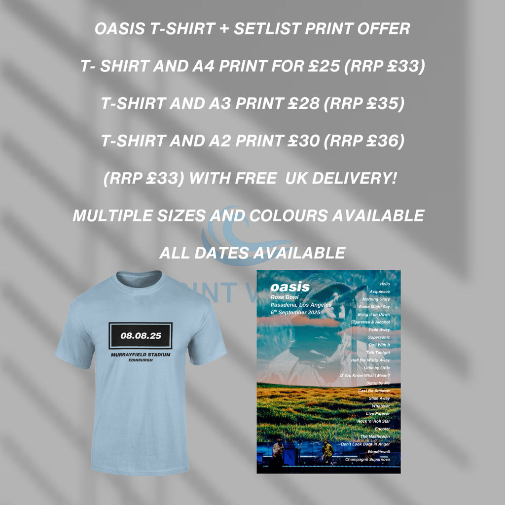 Oasis Live 25 T-Shirt & A2 Setlist Print Combo Deal