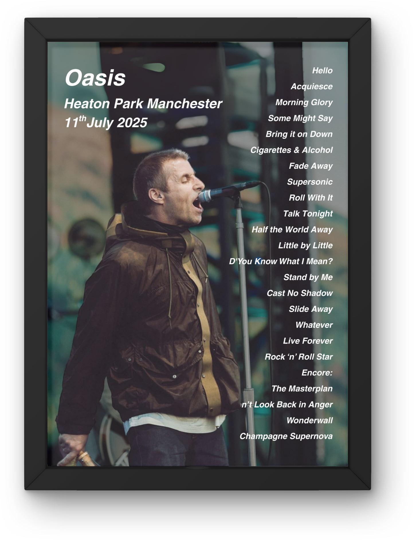 OASIS LIVE 2025 SETLIST POSTER | 11th 12th JULY MANCHESTER HEATON PARK | A1 - A5 Frame Option