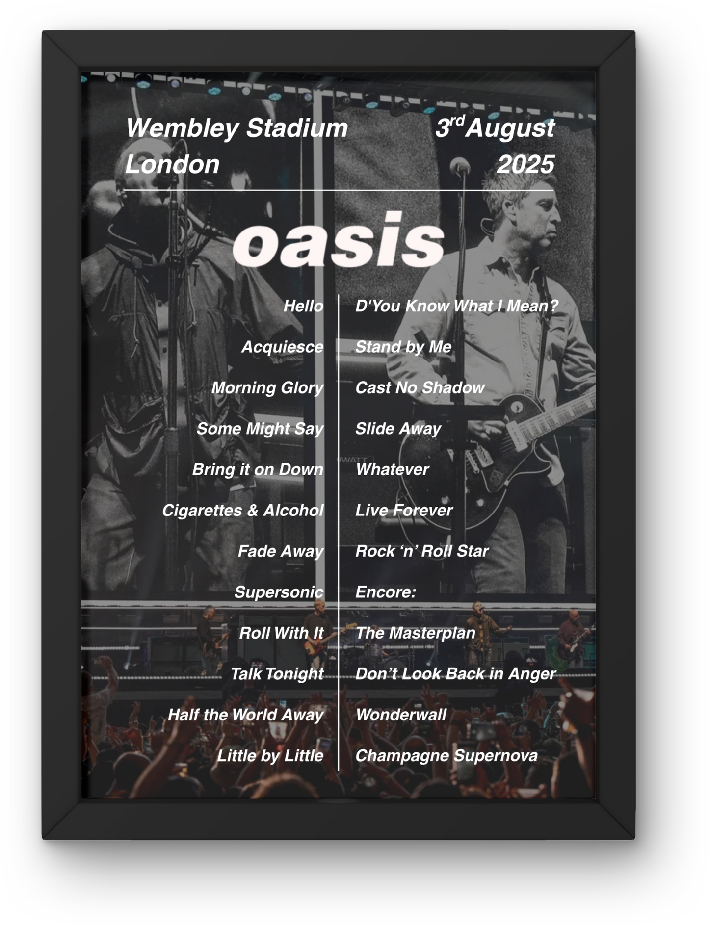 OASIS LIVE 2025 WEMBLEY SETLIST POSTER | NIGHT 4+5 2ND 3RD AUGUST | A1 - A5 Frame Option