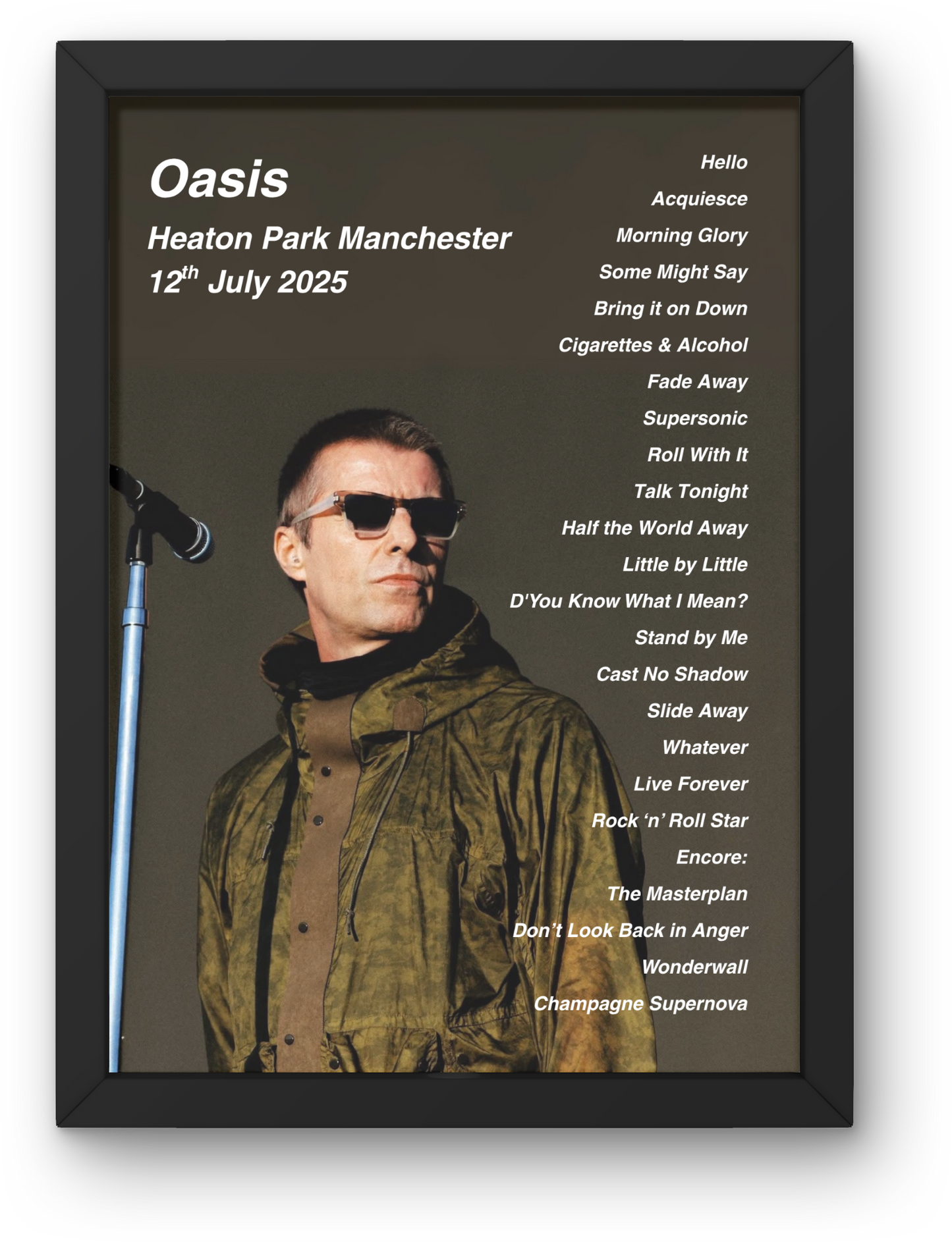 OASIS LIVE 2025 SETLIST POSTER | 11th 12th JULY MANCHESTER HEATON PARK | A1 - A5 Frame Option