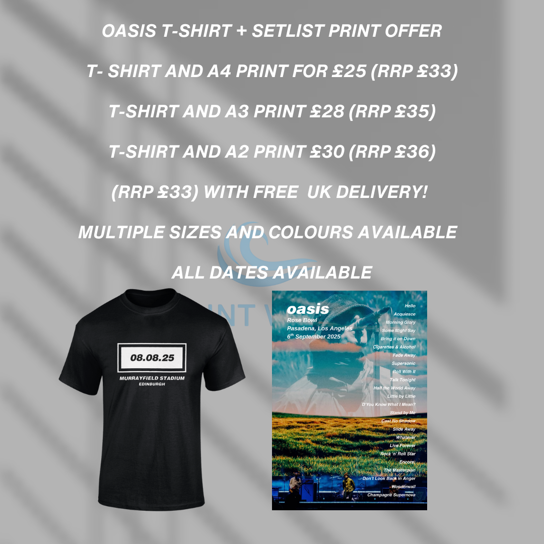 Oasis Live 25 T-Shirt & A3 Setlist Print Combo Deal