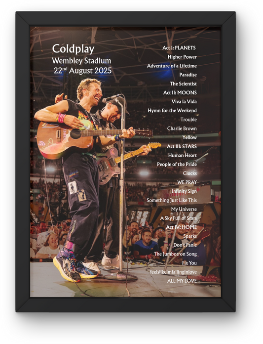 Coldplay 2025 WEMBLEY Setlist Poster - NIGHT 1+2+3+4 - A1 to A5 frame Option