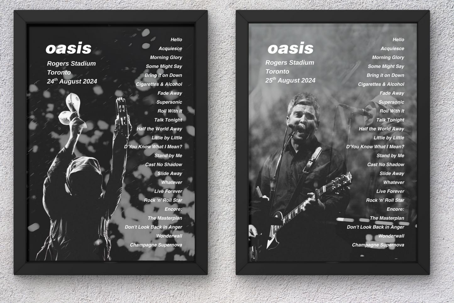 OASIS TORONTO LIVE 2025 SETLIST POSTER | BOTH DATES | A1 - A5 w/Frame Option