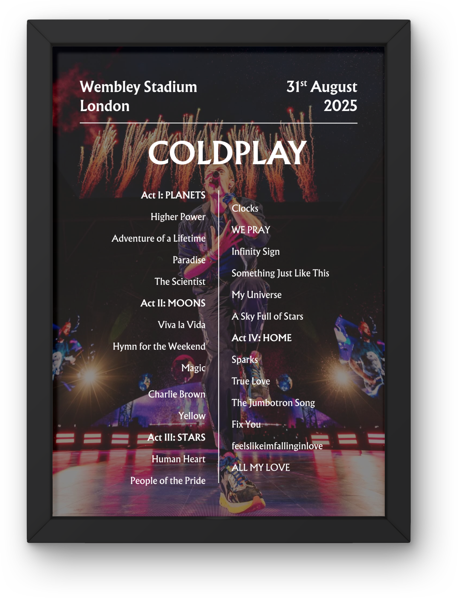 Coldplay 2025 WEMBLEY 31st Aug NIGHT SIX - Setlist Poster - A1 to A5 frame Option