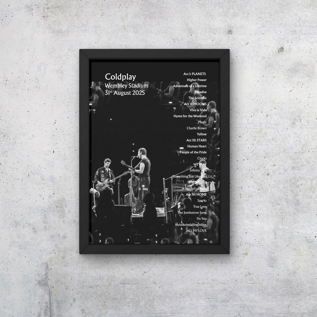 Coldplay Wembley 31/08/25 NIGHT SIX Setlist Poster - A1 to A5 w/frame Option