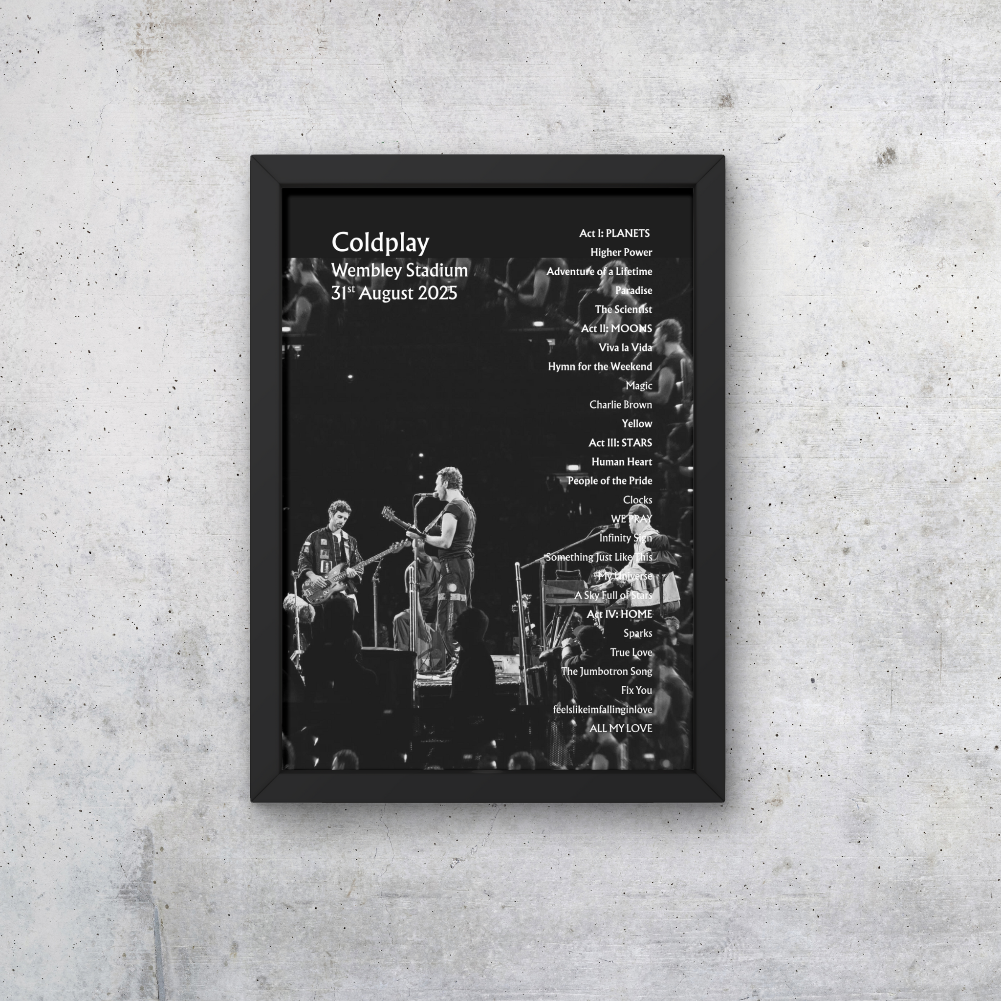 Coldplay Wembley 31/08/25 NIGHT SIX Setlist Poster - A1 to A5 w/frame Option