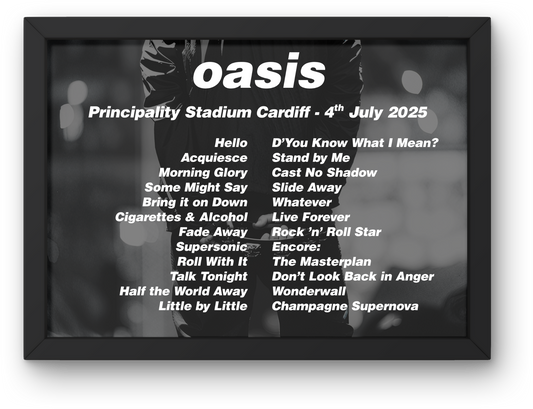OASIS LIVE 2025 SETLIST FRAMED PRINT | A2 to A5