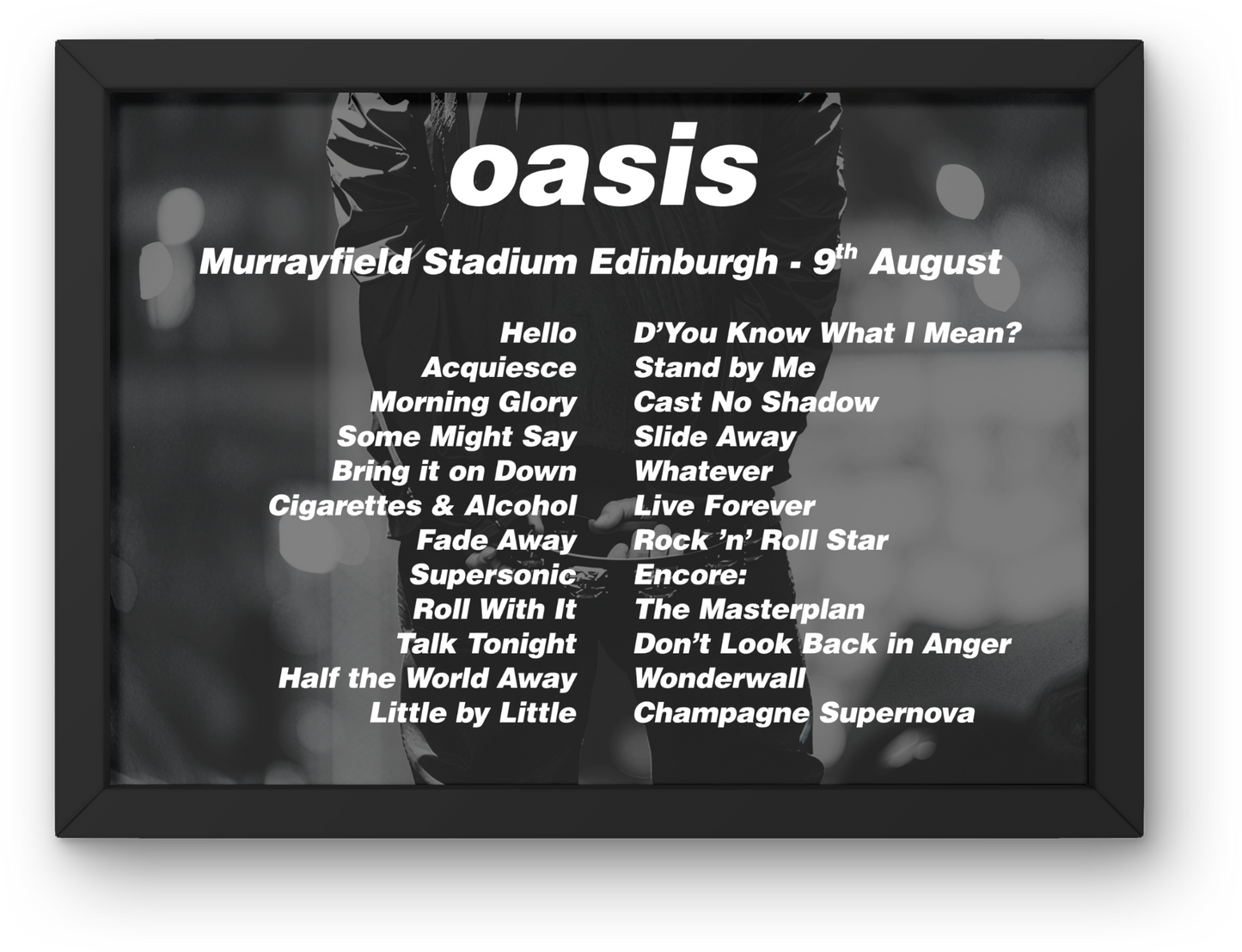 OASIS LIVE 2025 SETLIST FRAMED PRINT | A2 to A5