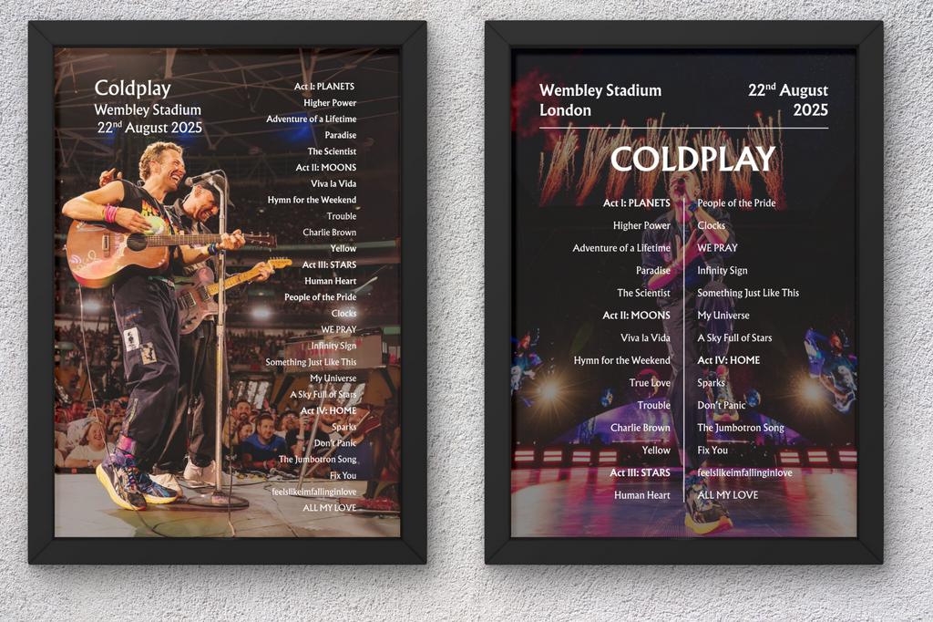 Coldplay 2025 WEMBLEY Setlist Poster - NIGHT 1+2+3+4 - A1 to A5 frame Option